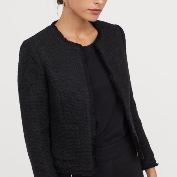H&M BLACK FRAYED TWEED BOUCLE JACKET WITH CUTE POCKETS